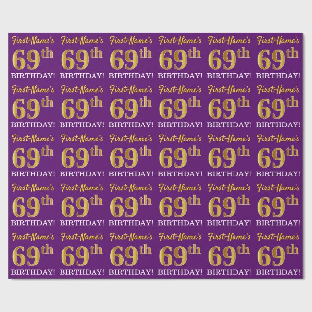 Lila, Imitation Guld Se "69:e BIRTHDAY" Presentpapper (Platt)