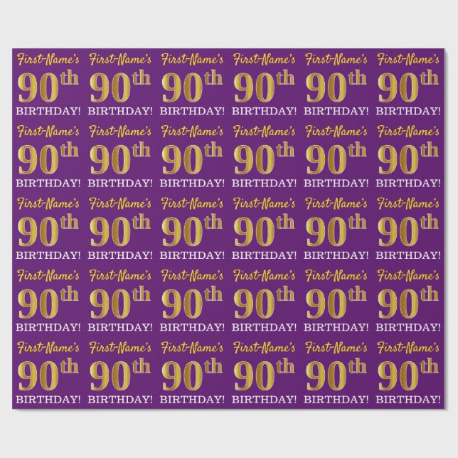 Lila, Imitation Guld Se "90:e BIRTHDAY" Presentpapper (Platt)