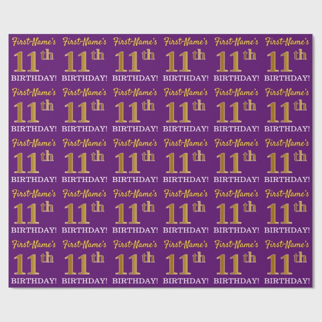Lila, Imitation Guld titta "11:e BIRTHDAY" Presentpapper (Platt)