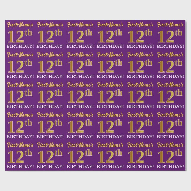 Lila, Imitation Guld Titta "12:e BIRTHDAY" Presentpapper (Platt)