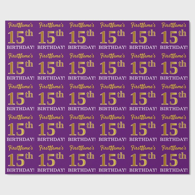 Lila, Imitation Guld titta "15:e BIRTHDAY" Presentpapper (Platt)