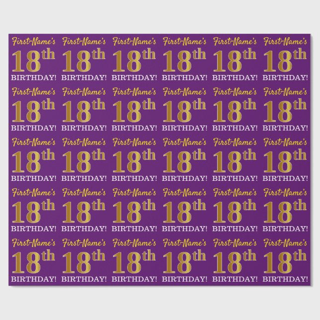 Lila, Imitation Guld titta "18:e BIRTHDAY" Presentpapper (Platt)