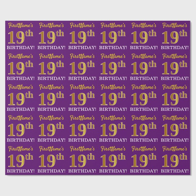 Lila, Imitation Guld titta "19:e BIRTHDAY" Presentpapper (Platt)
