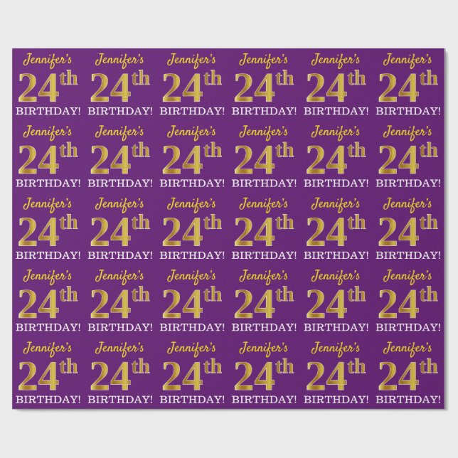 Lila, Imitation Guld Titta "24:e BIRTHDAY" Presentpapper (Platt)