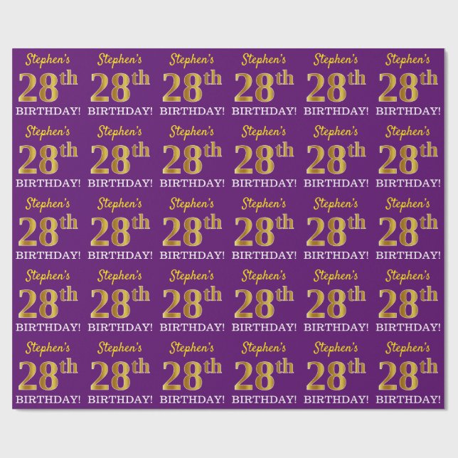 Lila, Imitation Guld Titta "28:e BIRTHDAY" Presentpapper (Platt)
