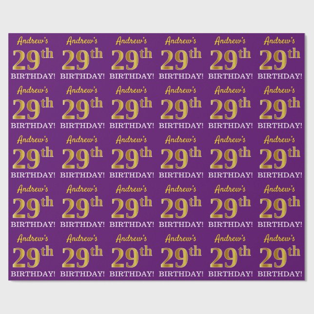 Lila, Imitation Guld Titta "29:e BIRTHDAY" Presentpapper (Platt)