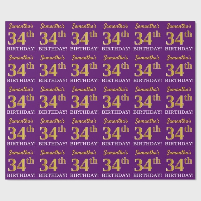 Lila, Imitation Guld Titta "34:e BIRTHDAY" Presentpapper (Platt)