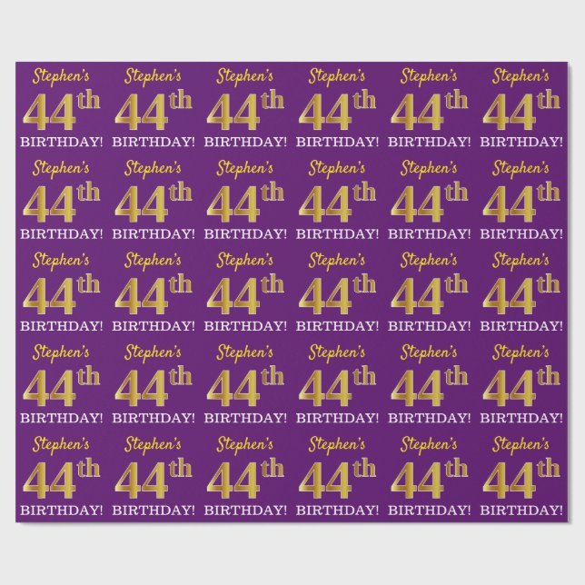 Lila, Imitation Guld Titta "44:e BIRTHDAY" Presentpapper (Platt)