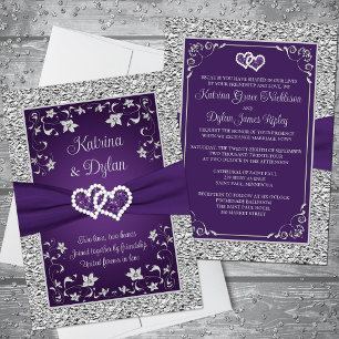 Lila, inbjudan till Grått Kärlek Hearts Wedding
