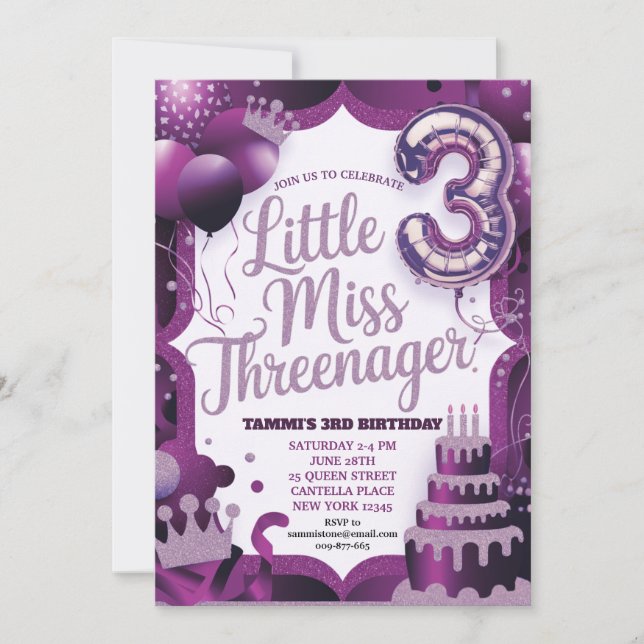 Lila inbjudan till Little Miss Threenager-fest (Framsida)