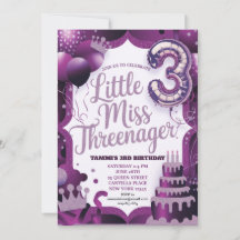 Lila inbjudan till Little Miss Threenager-fest
