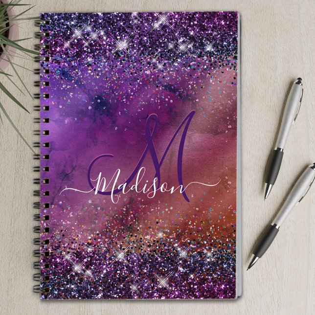 Lila iridescent borstad metall glitter monogram n anteckningsbok (Skapare uppladdad)