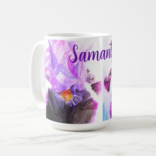 Lila Iris Akvarell Blomma Blommålning Kaffemugg (Framsida vänster)