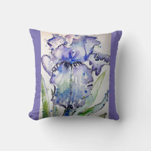 Lila Iris art Vattenfärgsblomma blommigt Cushion Kudde