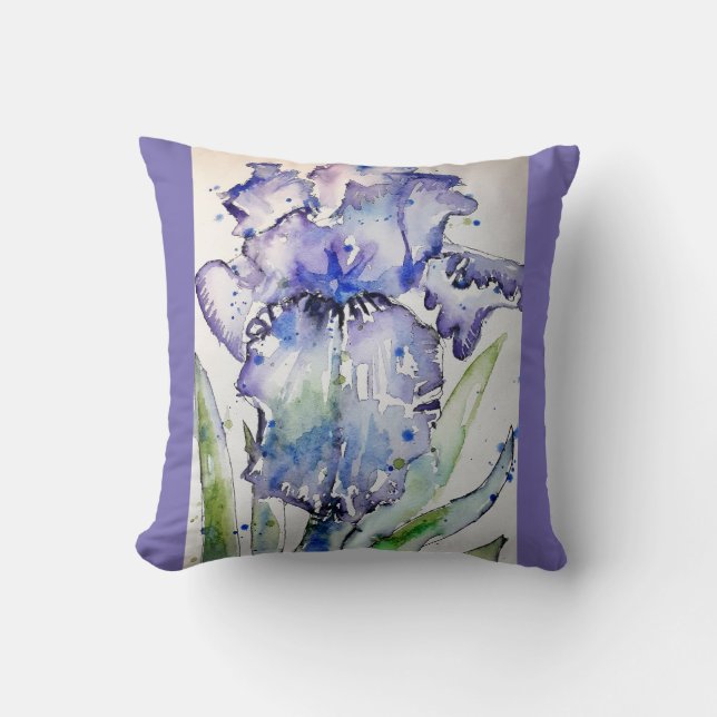 Lila Iris art Watercolor Flower blommigt Cushion Kudde (Framsida)