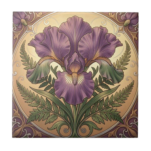 Lila Iris Blomma Art Nouveau Ornamentala Ram Kakelplatta (Framsidan)