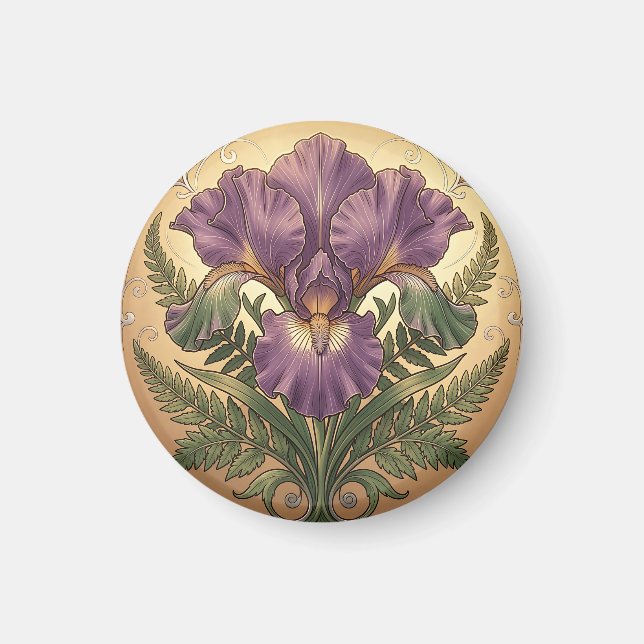 Lila Iris Blomma Art Nouveau Ornamentala Ram Magnet (Framsidan)