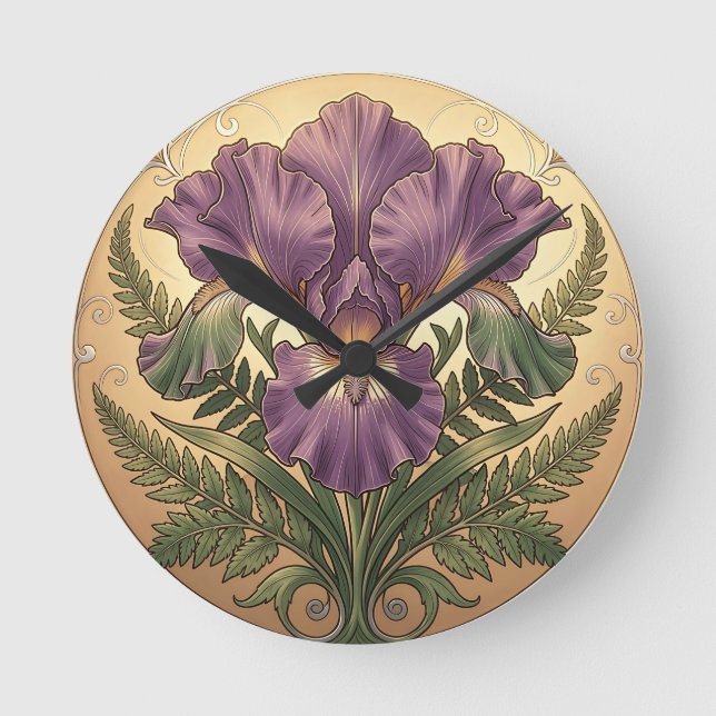 Lila Iris Blomma Art Nouveau Ornamentala Ram Rund Klocka (Framsida)