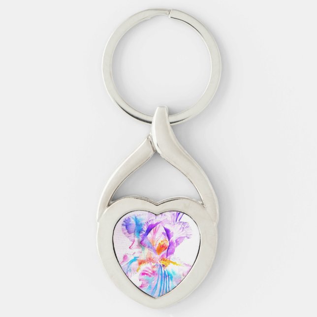 Lila iris Blomma Bröllopsgåva Blommig Blomma Twisted Heart Silverfärgad Nyckelring (Framsidan)