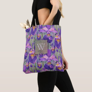 Lila Iris-Blommigt Monogrammad Initial Tygkasse