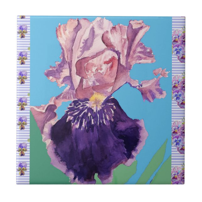 Lila Iris Blommor akvarell irisar Keramisk Platta Kakelplatta (Framsidan)