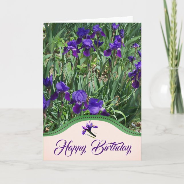 Lila Iris Blomsterträdgård Födelsedags Kort (Framsida)