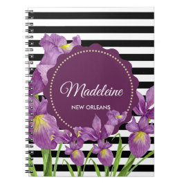 Lila Iris Botaniana Black White Rand Mönster Anteckningsbok