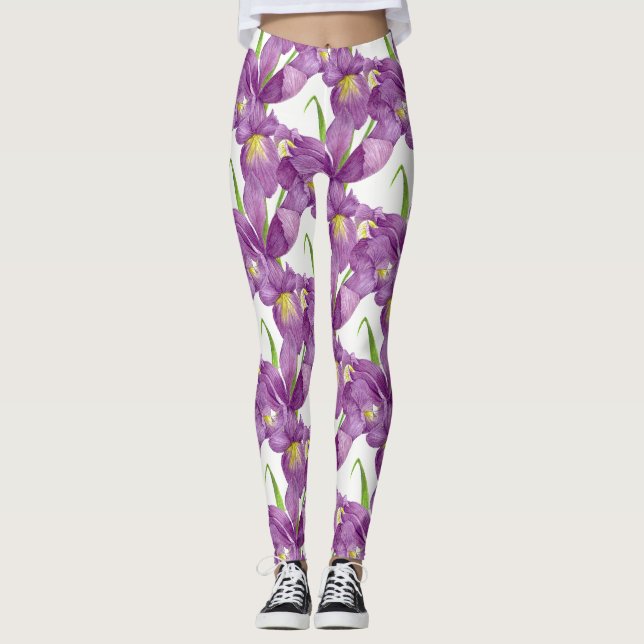 Lila Iris Botanical Blommigt Art Leggings (Framsida)