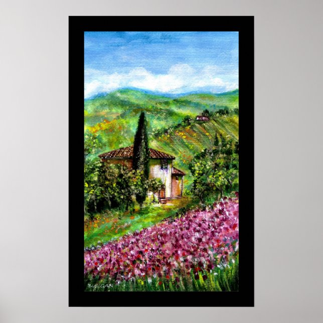 LILA IRIS FÄLT I GRÖNT TUSCANY LANDSCAPE POSTER (Framsidan)