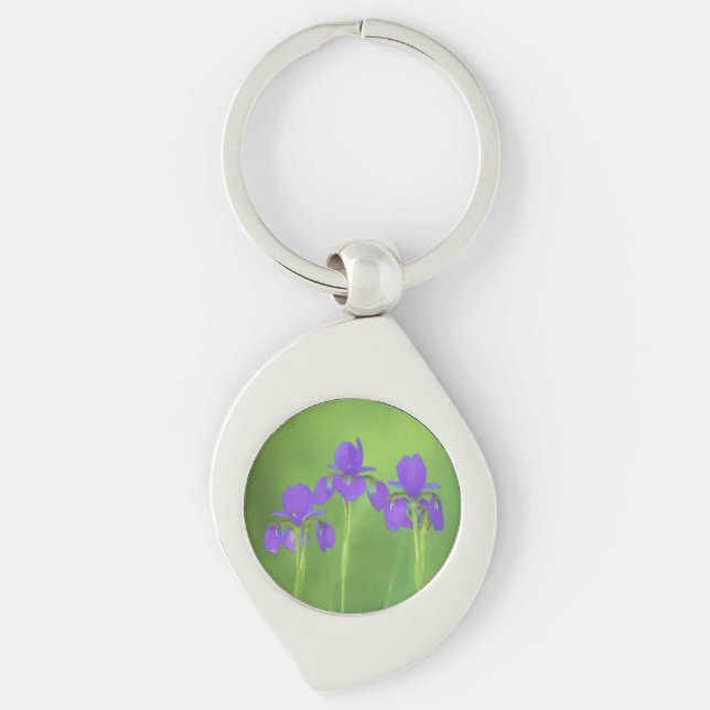 Lila Iris-färgning - originalblomma Swirl Silverfärgad Nyckelring (Framsidan)