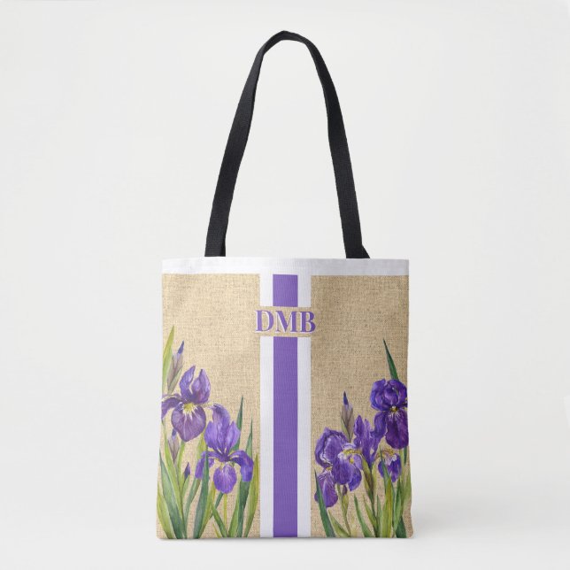 Lila Iris Flowers Monogram Faux Burlap Jute Tygkasse (Framsida)