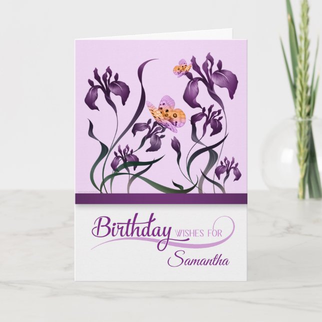 Lila Iris Garden Birthday med Namn Kort (Framsida)