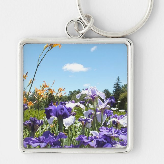 Lila Iris Garden Fyrkantig Silverfärgad Nyckelring (Framsidan)