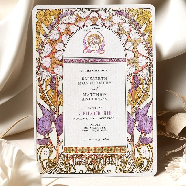Lila Iris & Gult Lily Art nouveau Bröllop Inbjudningar (Skapare uppladdad)