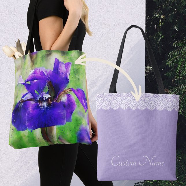 Lila Iris Lilac och Faux Snöre Customized Tygkasse (Purple Iris watercolor style bag with lavender back, "lace" and customizable text great gift for mom)