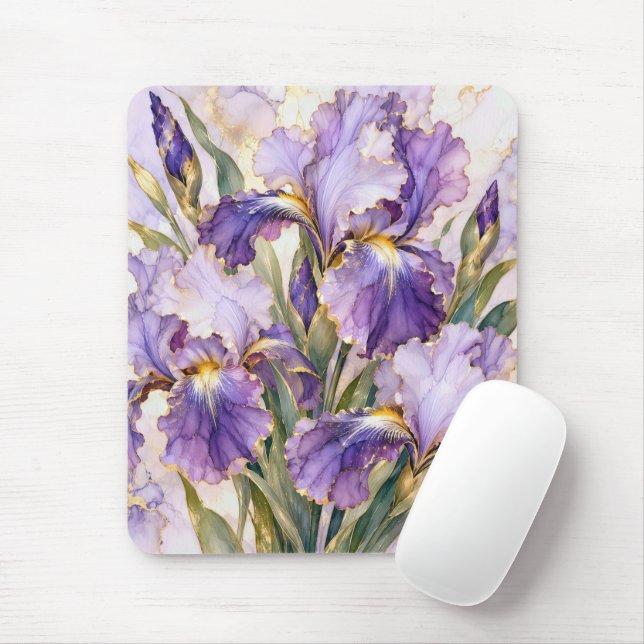 Lila Iris med förgylld kant Musmatta (Med mus)