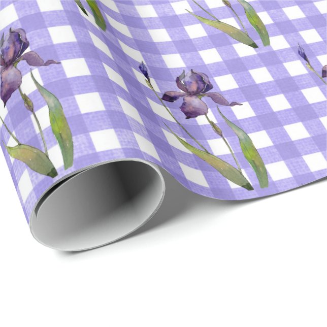 Lila Iris på Gingham Wrapping Papper Presentpapper (Rullad Hörn)