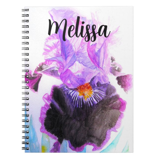 Lila Iris Vattenfärg Blomma Blommig Födelsedag Anteckningsbok (Framsidan)