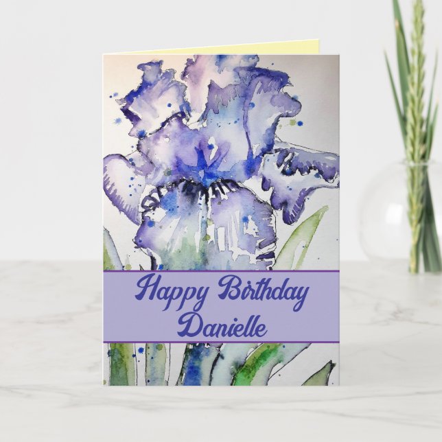 Lila Iris Vattenfärg Blomma Blommig Födelsedag Kort (Framsida)