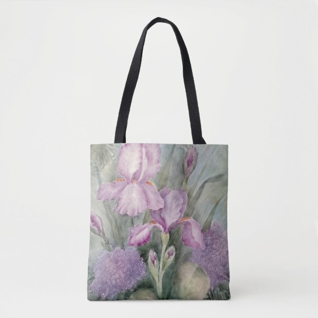 Lila Iris Watercolor Tote Tygkasse (Framsida)