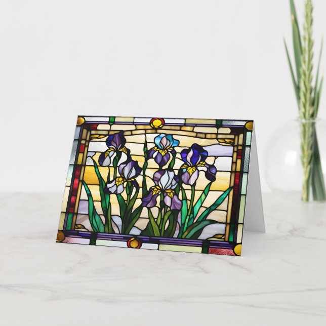 Lila Irisblommor Glasfärgning Kort (Framsida)