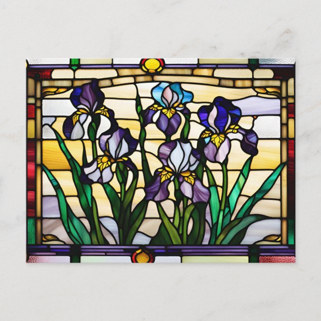 Lila Irisblommor Glasfärgning Vykort (Framsida)