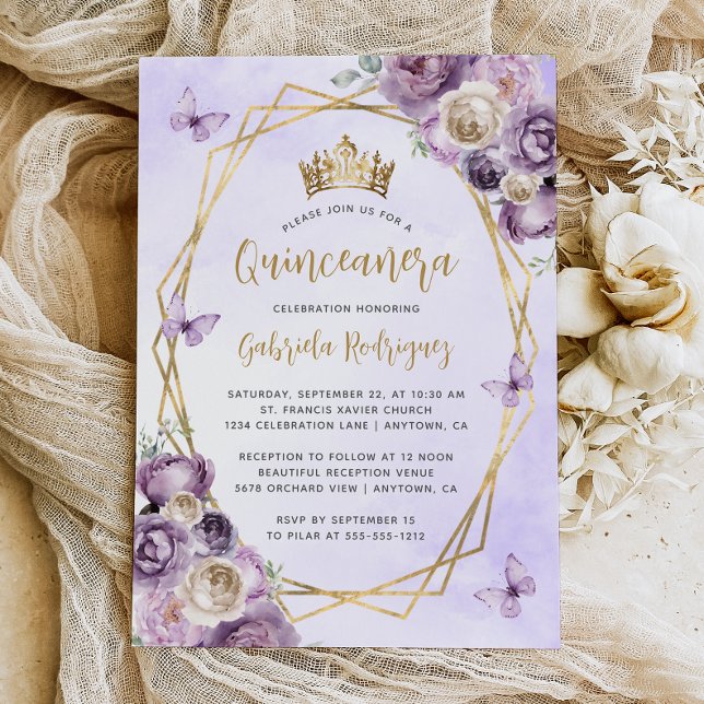 Lila Ivory Guld Geometric Blommigt Quinceañera Inbjudningar (Skapare uppladdad)