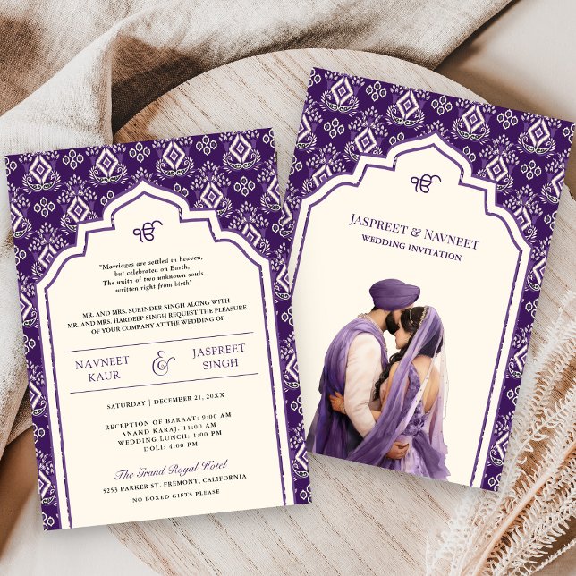 Lila Ivory Ikat Punjabi Anand Karaj Sikh Bröllop Inbjudningar (Skapare uppladdad)