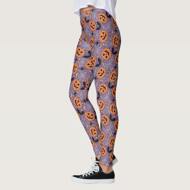 Lila Jack-O-Lantern Halloween Mönster Leggings (Vänster)