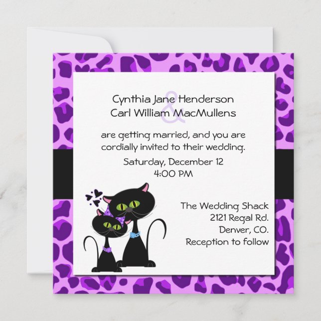 Lila Jaguar Print & Black Cat Wedding bjudande Inbjudningar (Framsida)