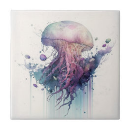 Lila Jellyfish, Watercolor, Ceramic Tile Kakelplatta