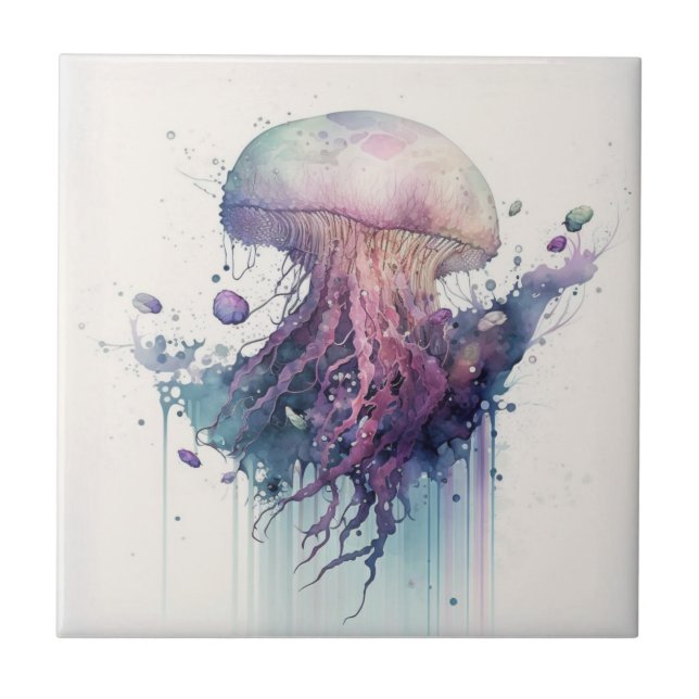 Lila Jellyfish, Watercolor, Ceramic Tile Kakelplatta (Framsidan)