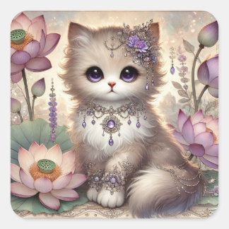 Lila Jewel Lotus Princess Cat Fyrkantigt Klistermärke
