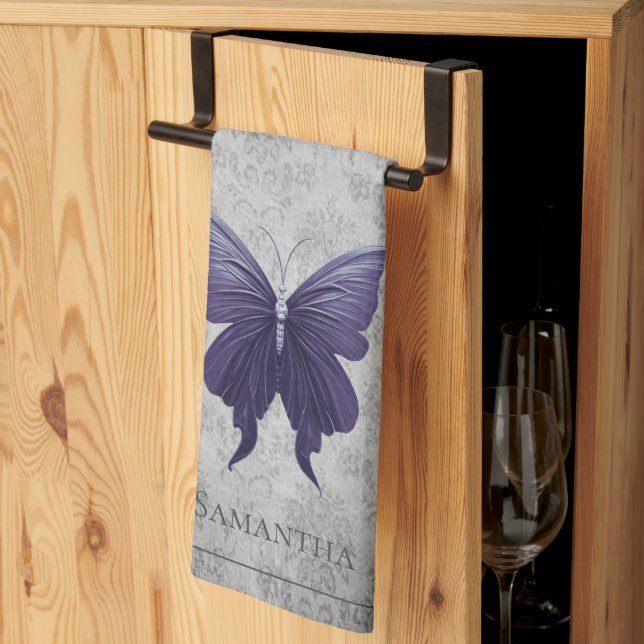 Lila Jeweled Butterfly Kökshandduk (Thirds Fold)